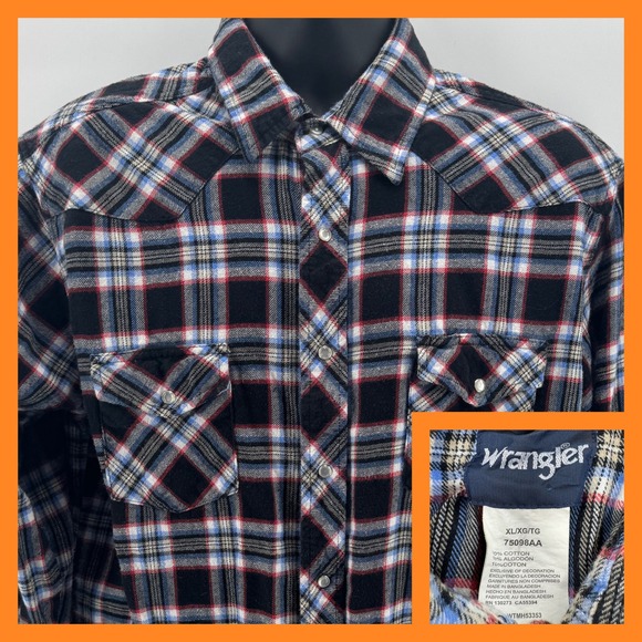 Wrangler Mens Flannel Western Shirt Plaid Black Red Blue XL Long Sleeve - Picture 1 of 5